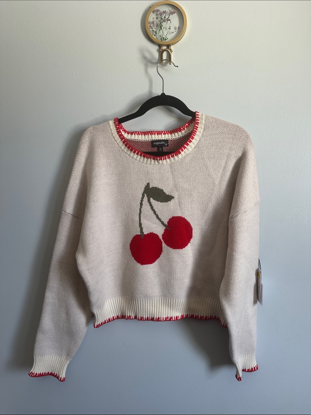 Caslon Cream Crewneck Sweater with Red Cherry Motif